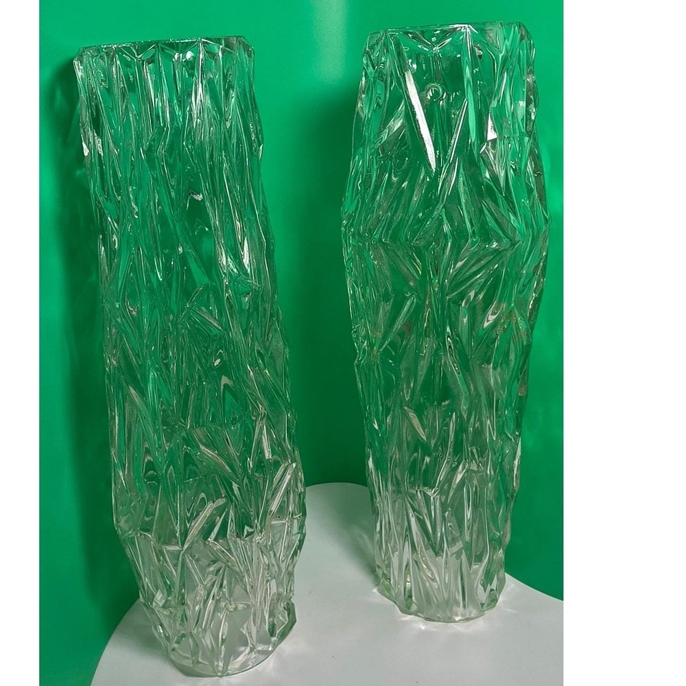 2 MCM Brutalist Tiffany Style Clear Textured Ice Glass Pendant Lights 13 Inch
